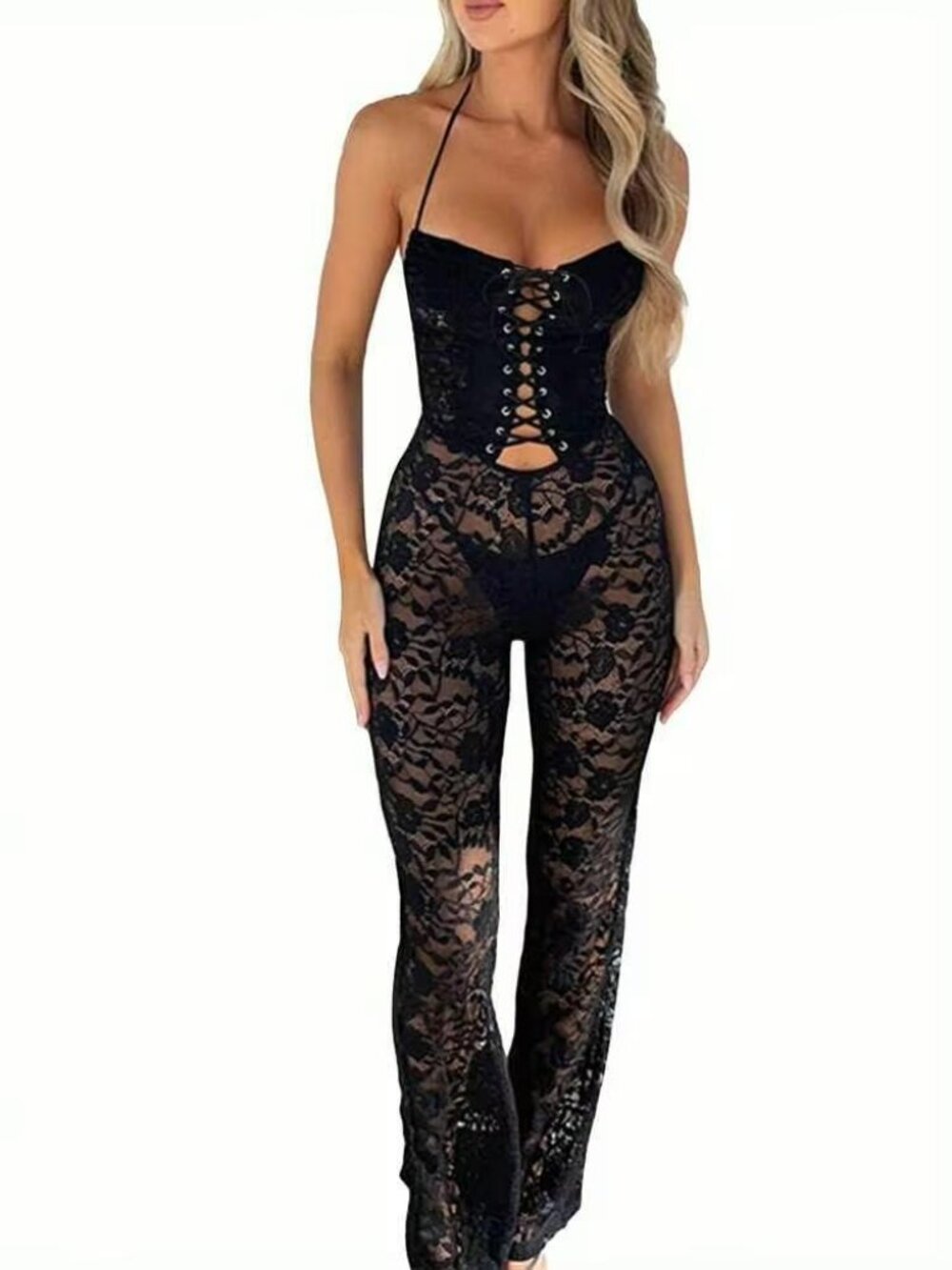*Shein Black Jumpsuit Lace Sheer Corset Styl;e Front Lace Pull On Small